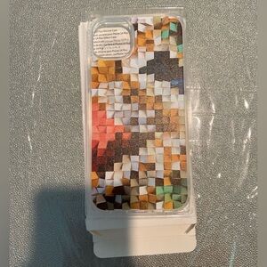 The iPhone 14 Plus case features a colorful, abstract, mosaic cube design